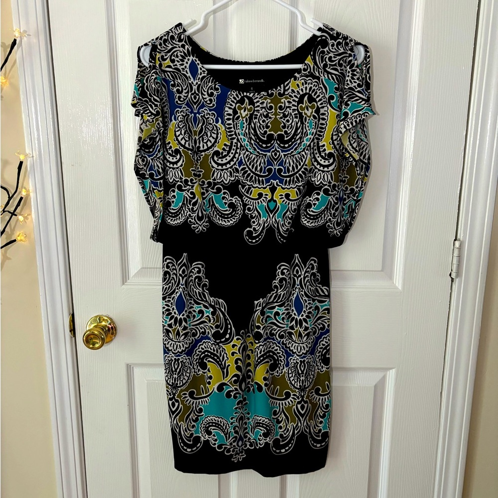 Valerie Bertinelli dress scroll pattern on black stretchy waist classy sexy fun